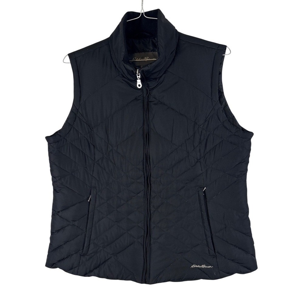Eddie Bauer Womens XL Black Quilted Down Puffer Vest Full Zip Sleeveless 3924